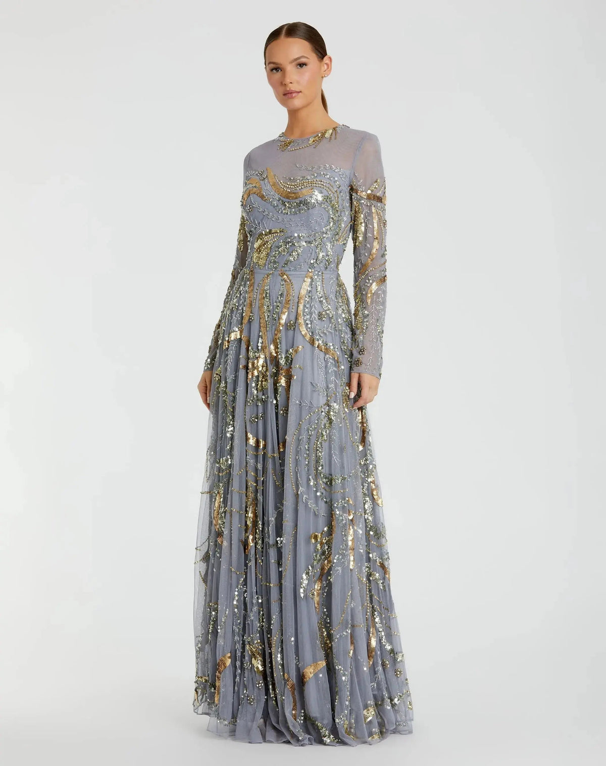 Long Sleeve Embellished Illusion Evening Gown