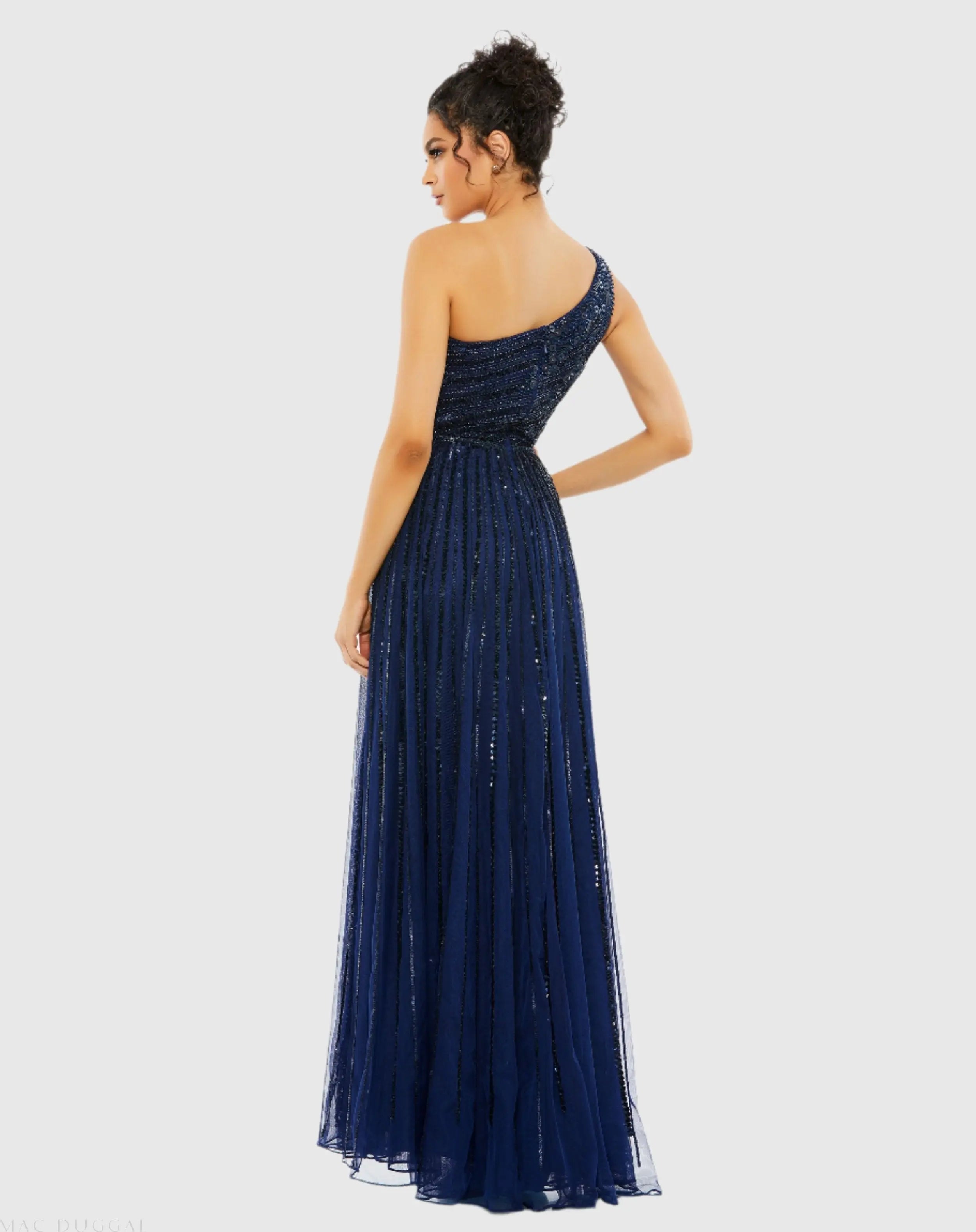 Navy Embellished One Shoulder A-Line Gown