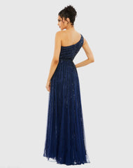 Navy Embellished One Shoulder A-Line Gown