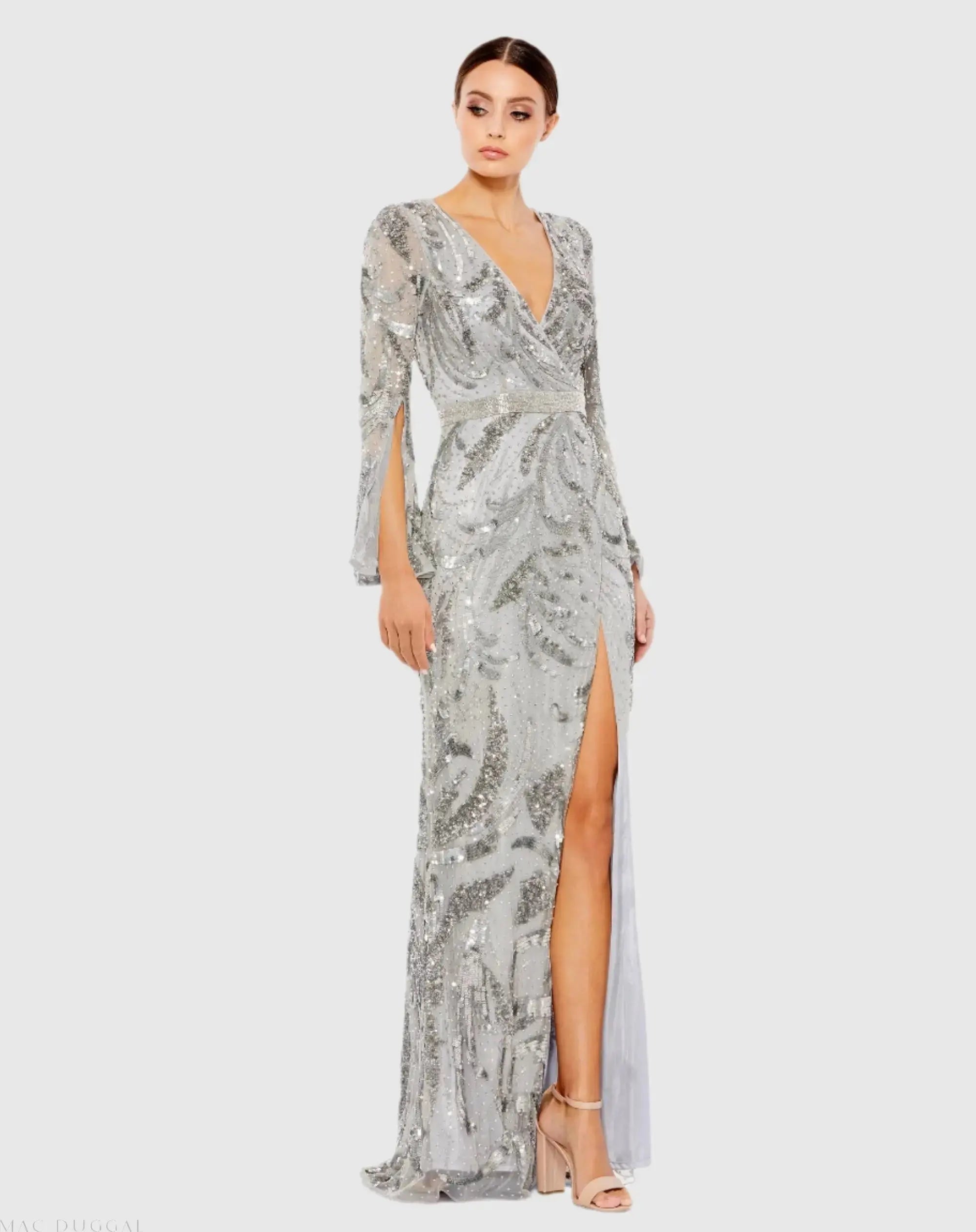 Sequined Faux Wrap Split Long Sleeve Gown