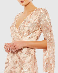 Pink Sequined Faux Wrap Split Long Sleeve Gown