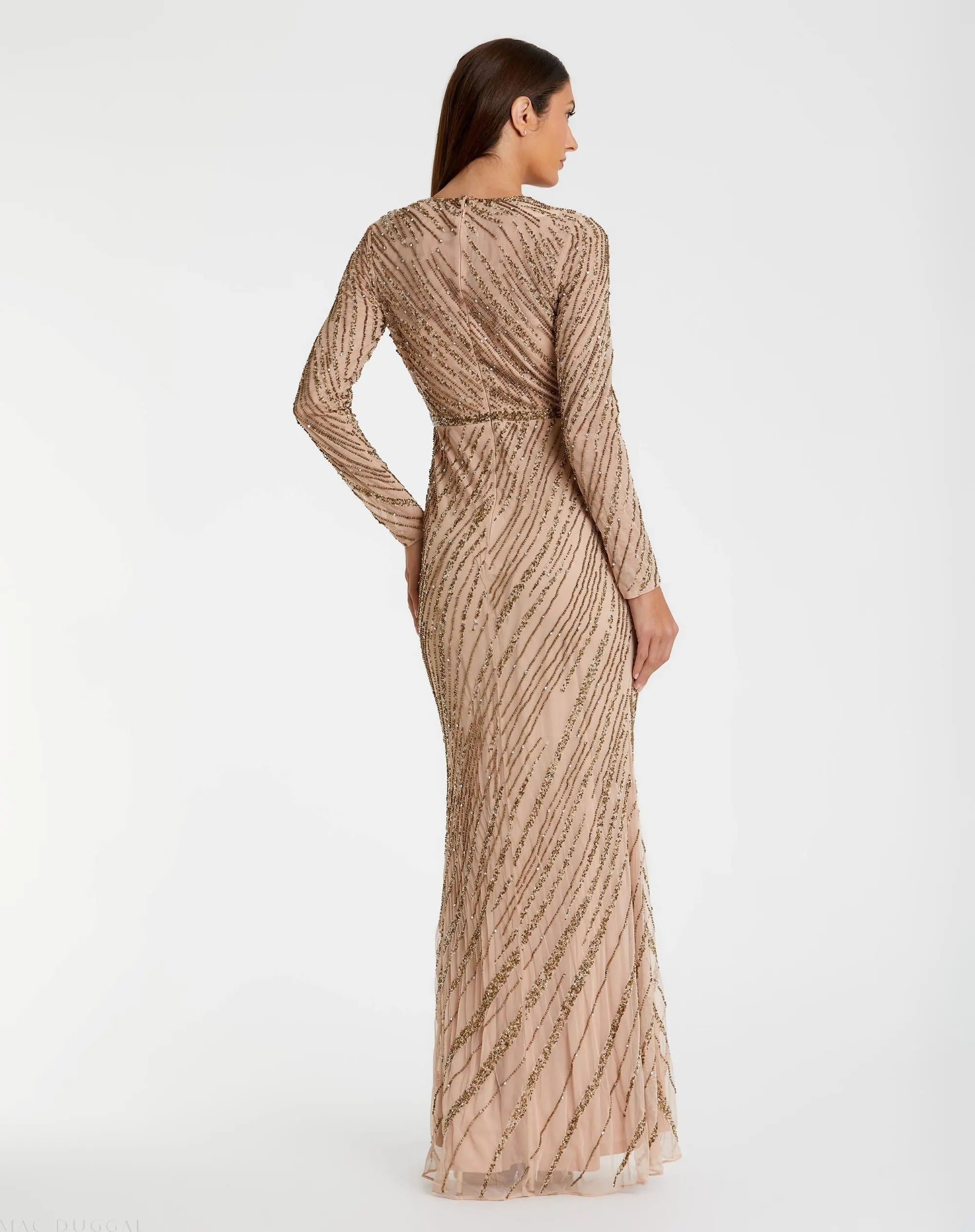 Beige Long Sleeve Beaded Column Gown