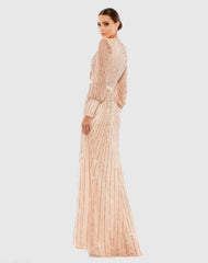 Pink Sequined Wrap Over Bishop Sleeve Gown