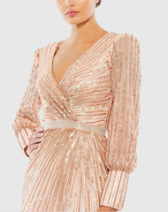 Pink Sequined Wrap Over Bishop Sleeve Gown