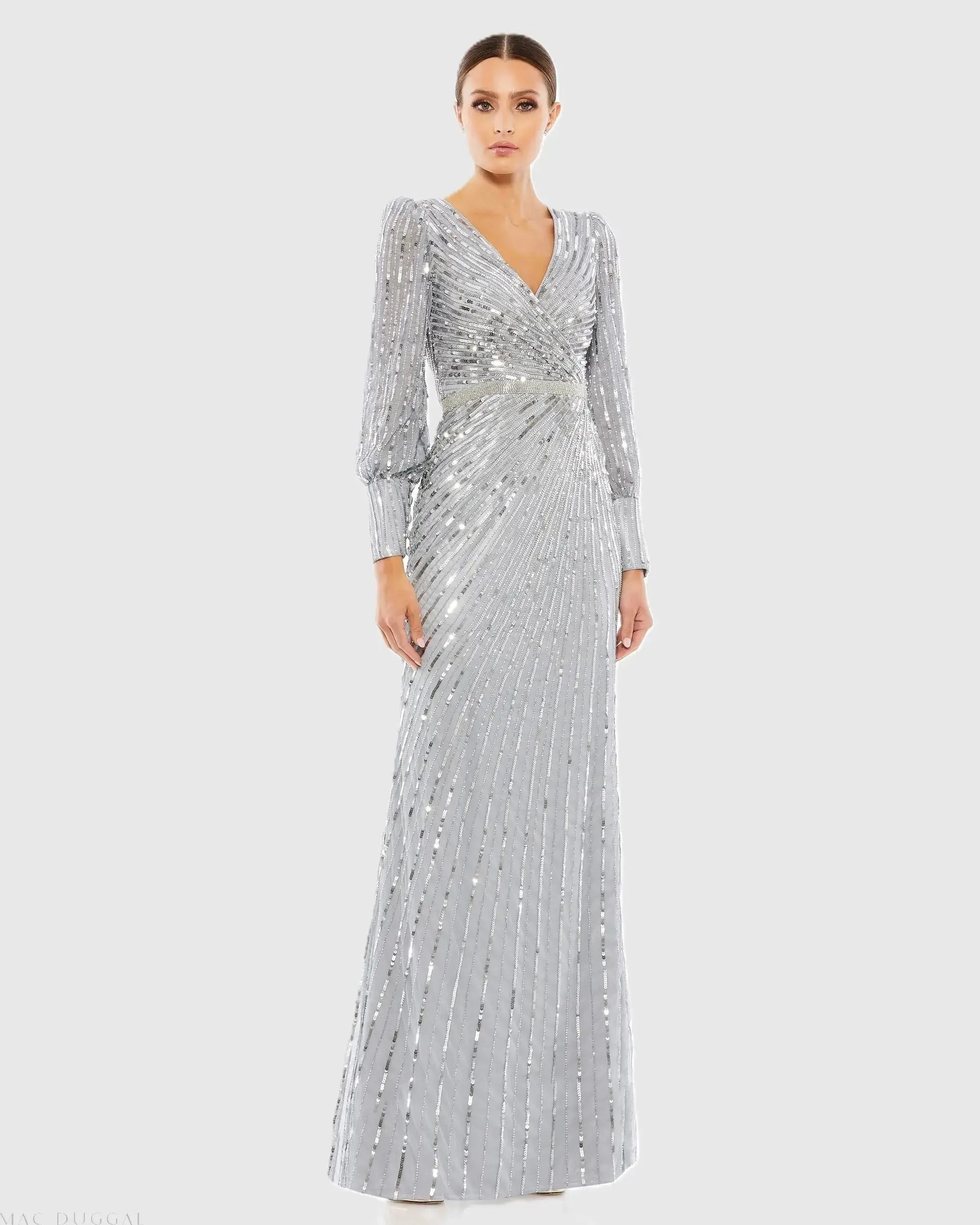 Sequined Wrap Over Bishop Sleeve Gown