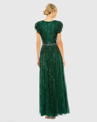 Dark Green Sequined Wrap Over Ruffled Cap Sleeve Gown