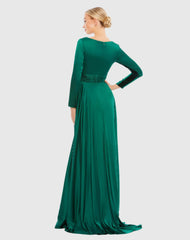 Green Long Sleeve Ruched Waist A-Line Gown - FINAL SALE