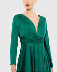 Green Long Sleeve Ruched Waist A-Line Gown - FINAL SALE