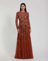 Red Embellished High Neck Long Sleeve A Line Gown