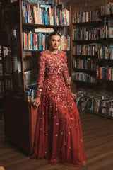 Red Embellished High Neck Long Sleeve A Line Gown