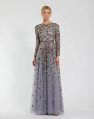 Embellished High Neck Long Sleeve A Line Gown