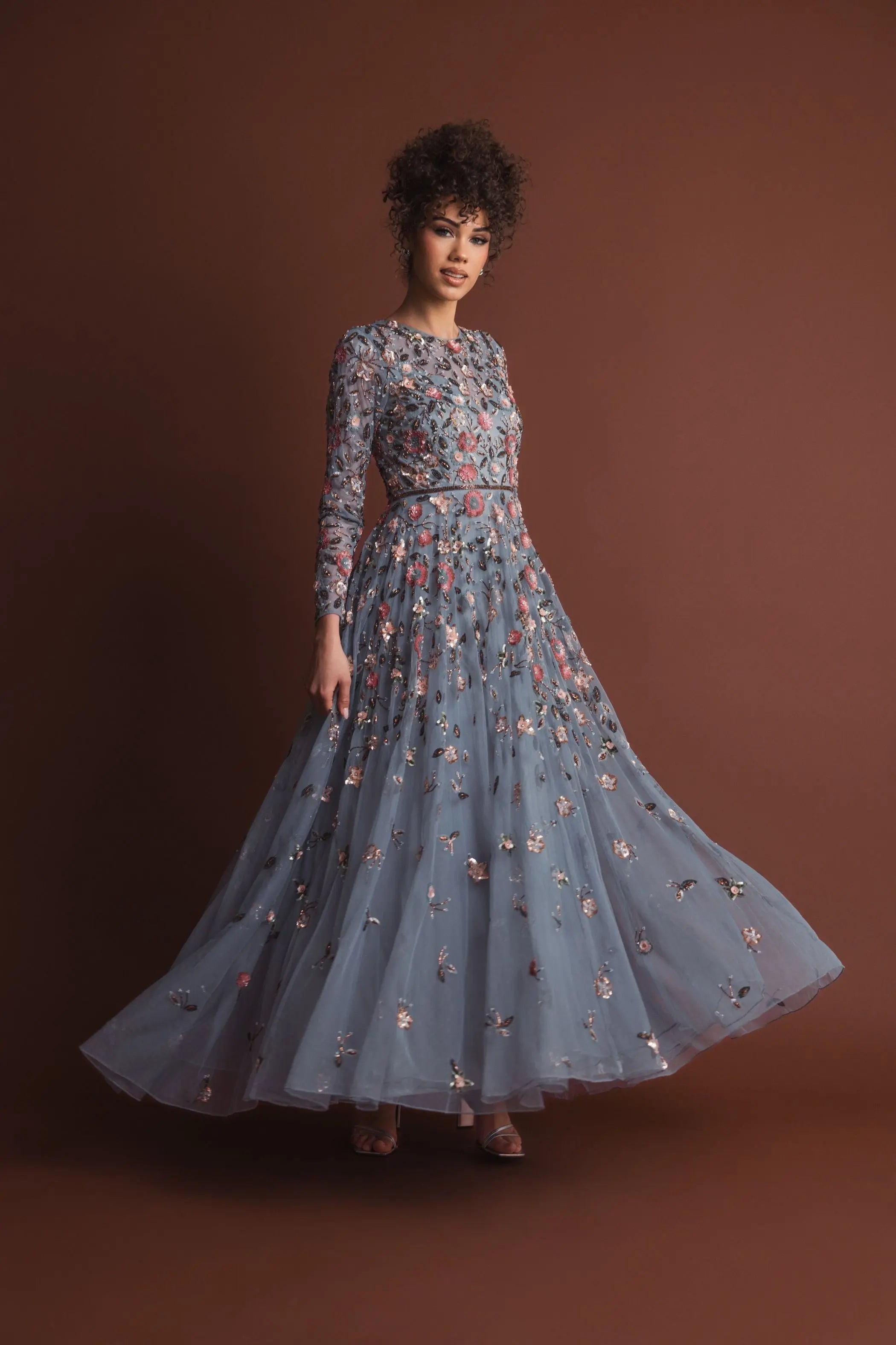 Gray Embellished High Neck Long Sleeve A Line Gown