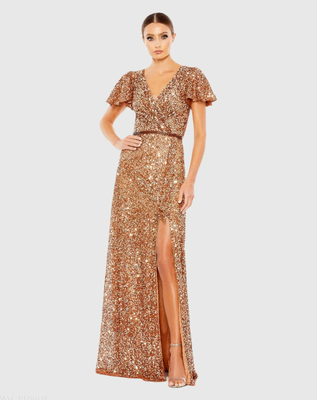 Copper Sequined Wrap Over Butterfly Sleeve Draped Gown