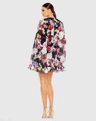 Black Multicolor Floral Print High Neck Ruffle Hem Cape Mini Dress