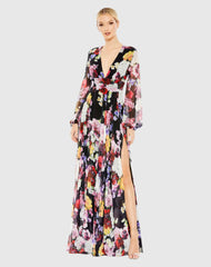 Black Floral Print Illusion Long Sleeve V Neck Gown