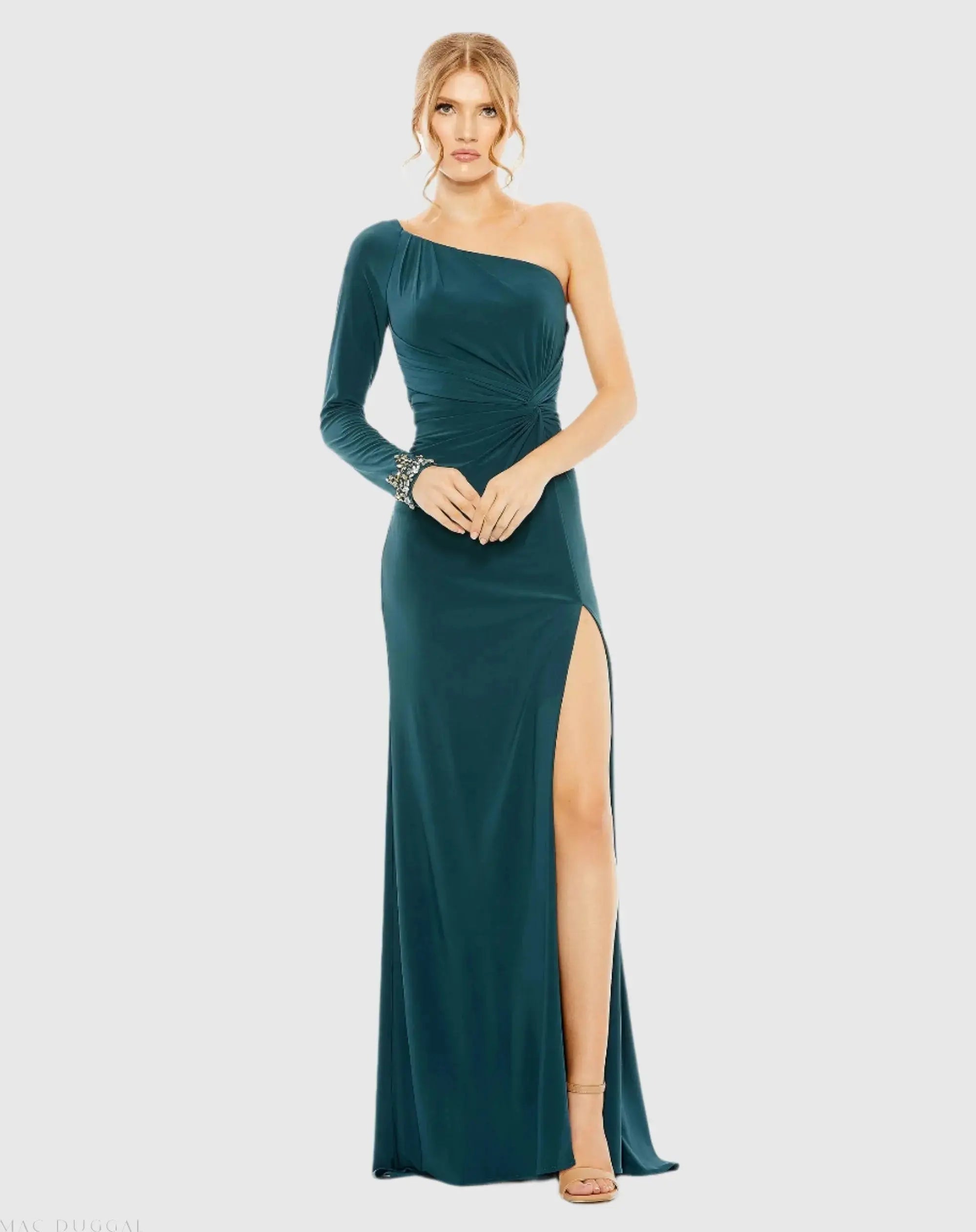 One Sleeve Beaded Cuff Side Twist Gown