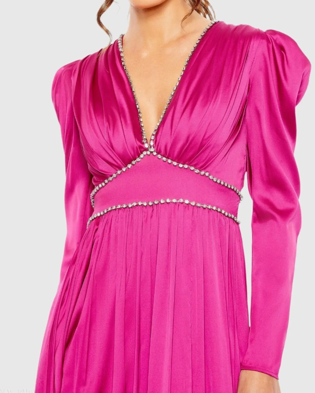 Pink Rhinestone Trim Puff Sleeve Gathered Gown