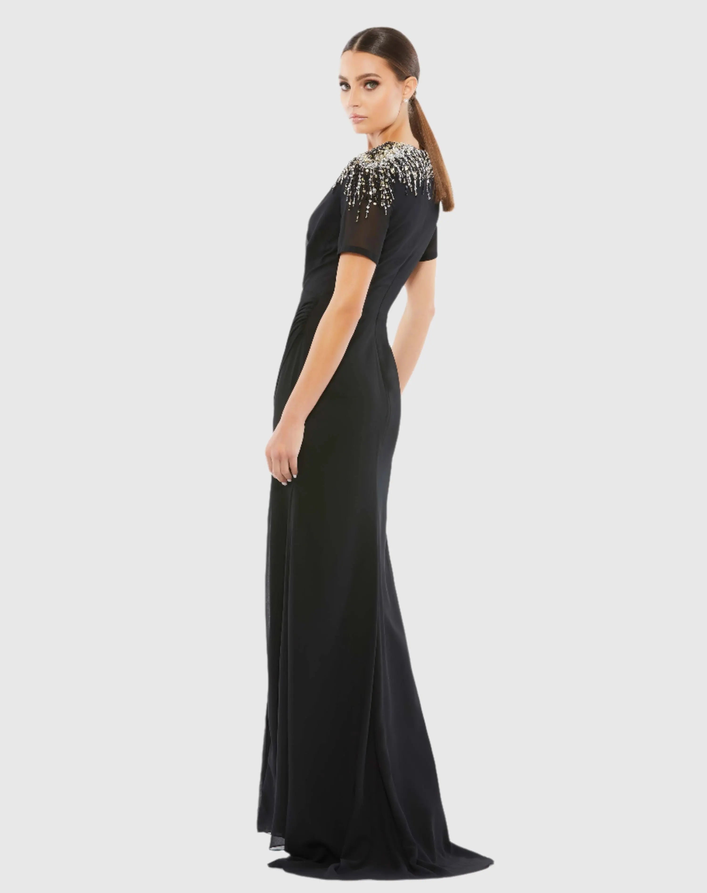 Black Embellished Shoulder Evening Gown