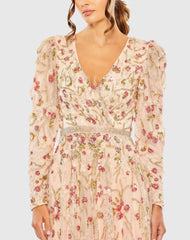 Pink Floral Embellished Wrap Over Puff Sleeve A Line Gown
