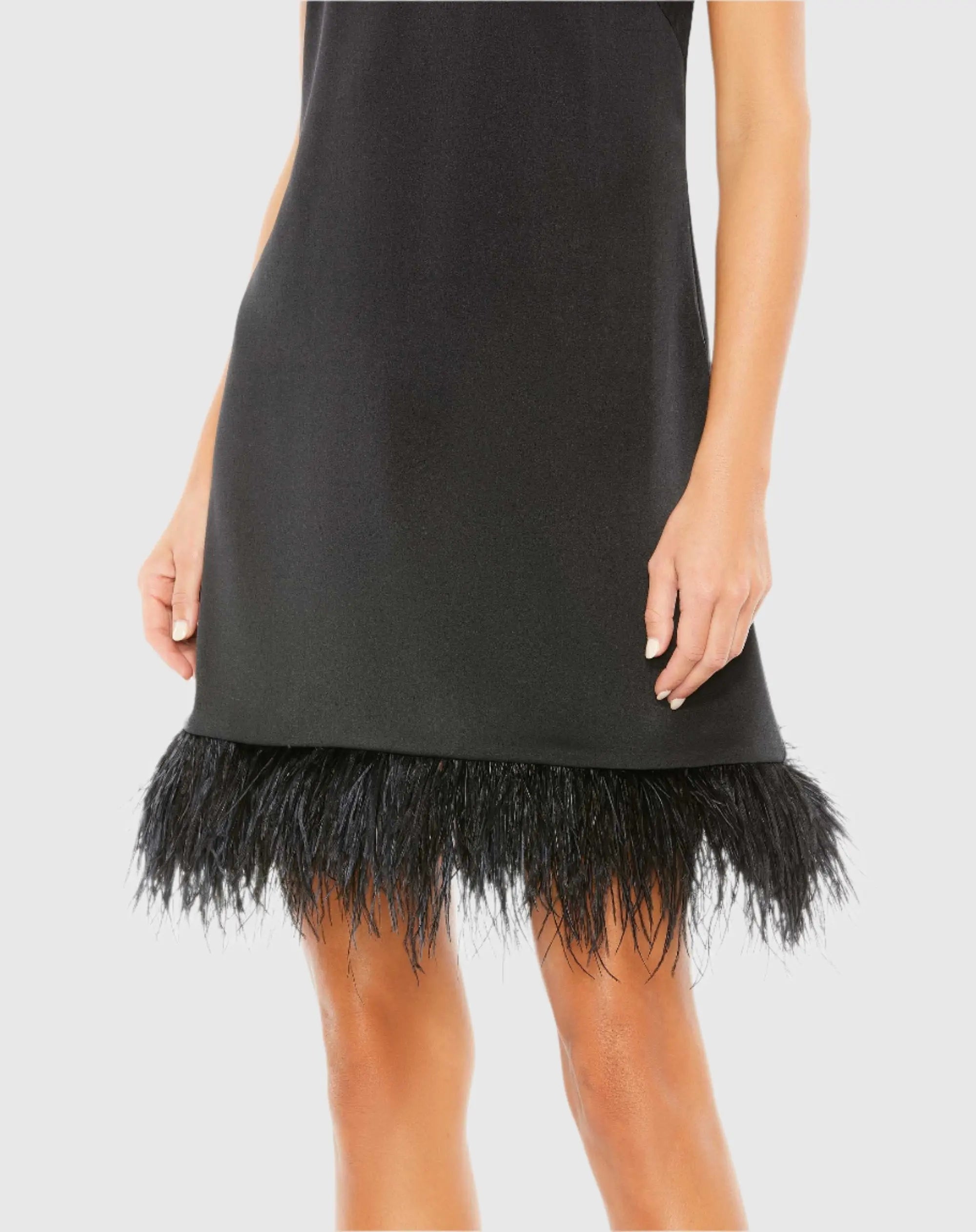 Black Feathered Hem High Neck Sleeveless Trapeze Dress