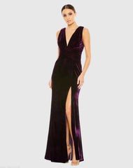 Velvet Pleated Sleeveless Plunge Neckline Gown