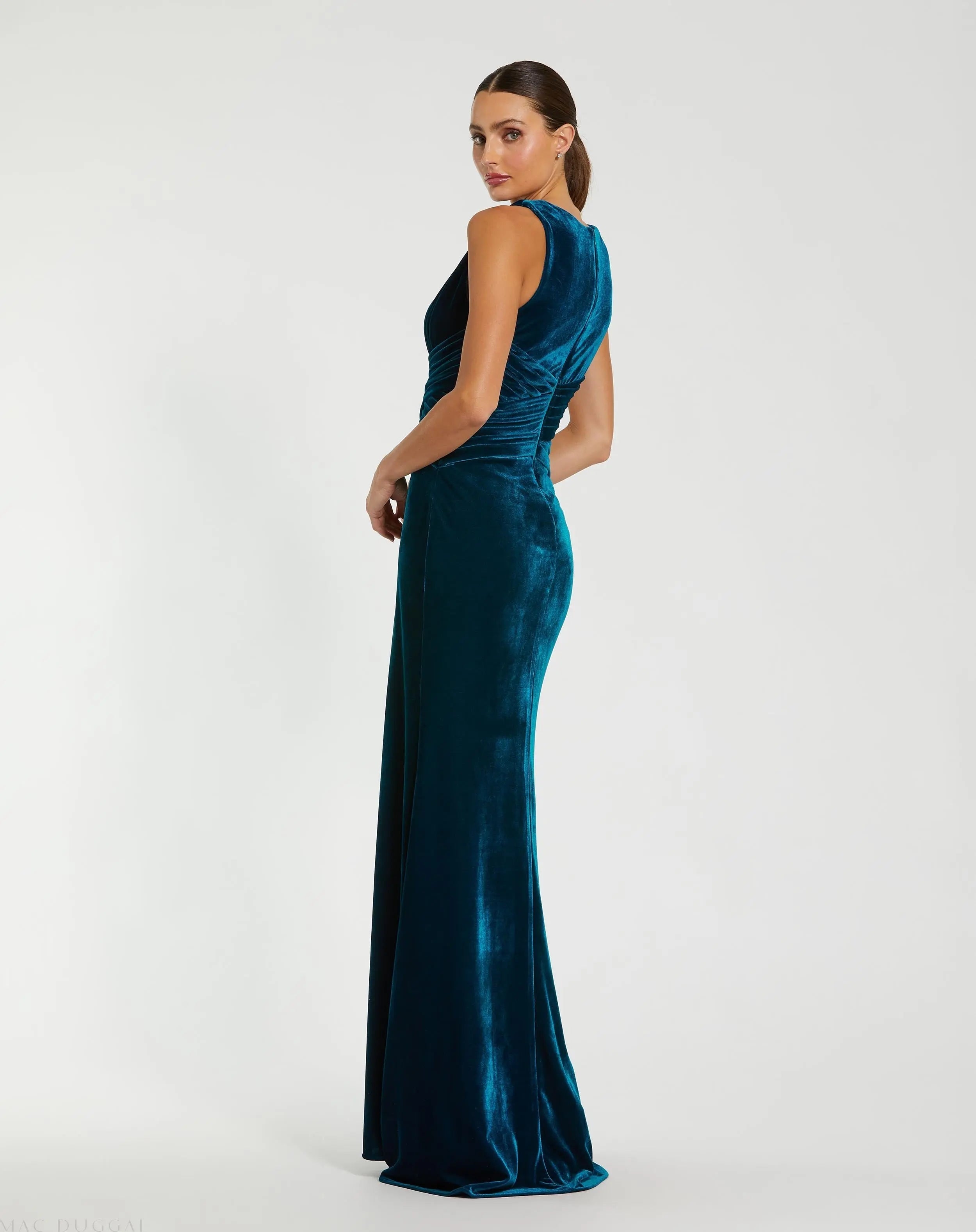 Blue Velvet Pleated Sleeveless Plunge Neckline Gown