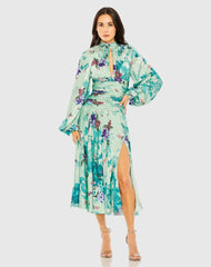 Green Keyhole Satin Long Sleeve Floral Dress