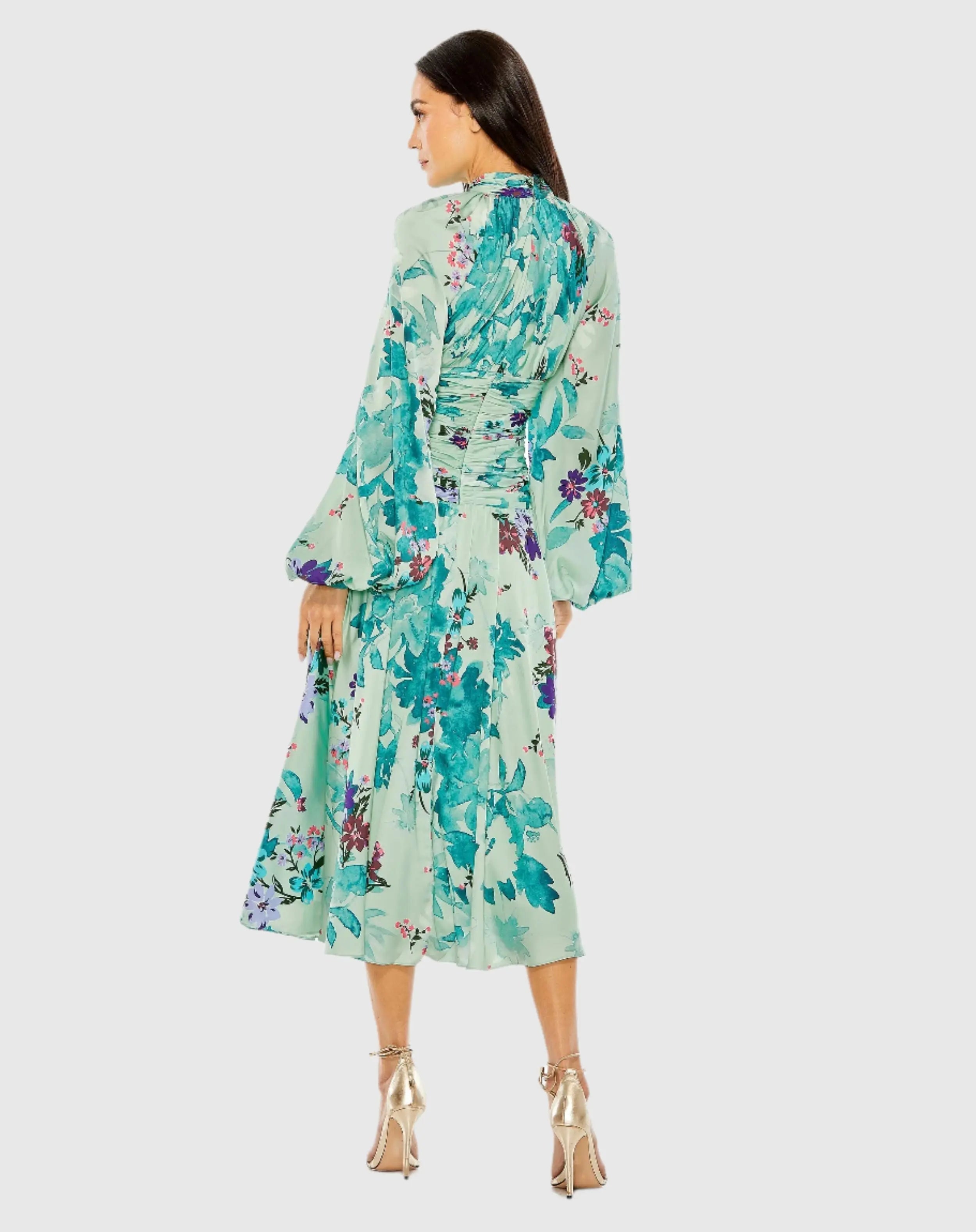 Green Keyhole Satin Long Sleeve Floral Dress