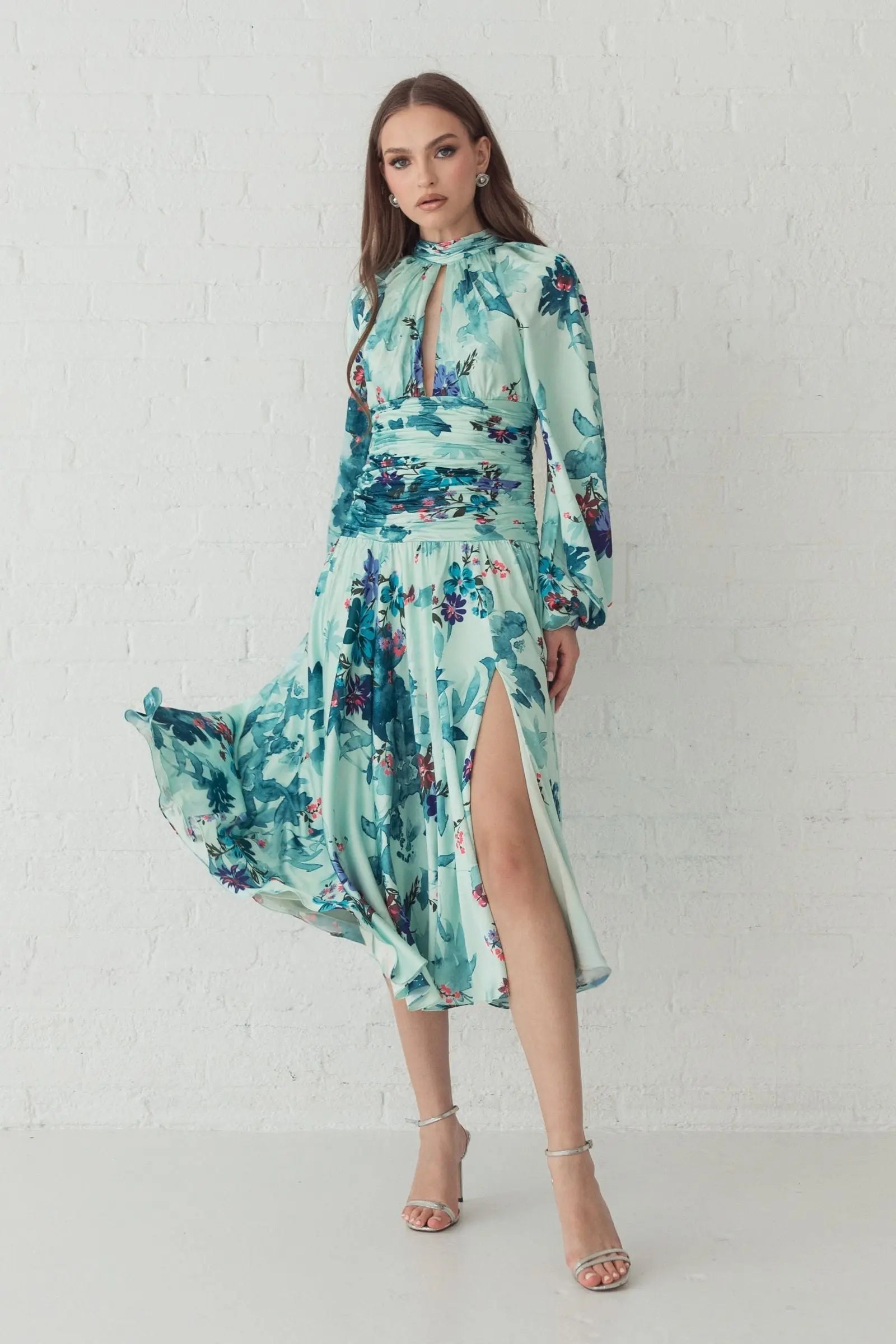 Green Keyhole Satin Long Sleeve Floral Dress