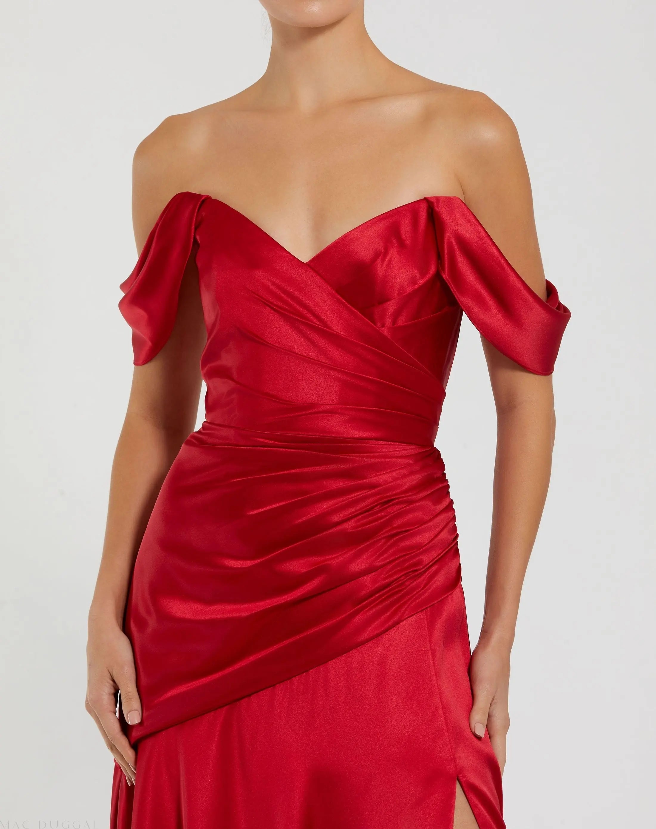 Red Satin Off The Shoulder Crossover Gown