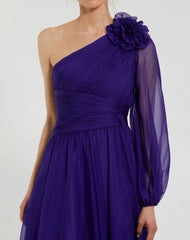 Purple One Sleeve Ruched Chiffon Gown With 3D Flower