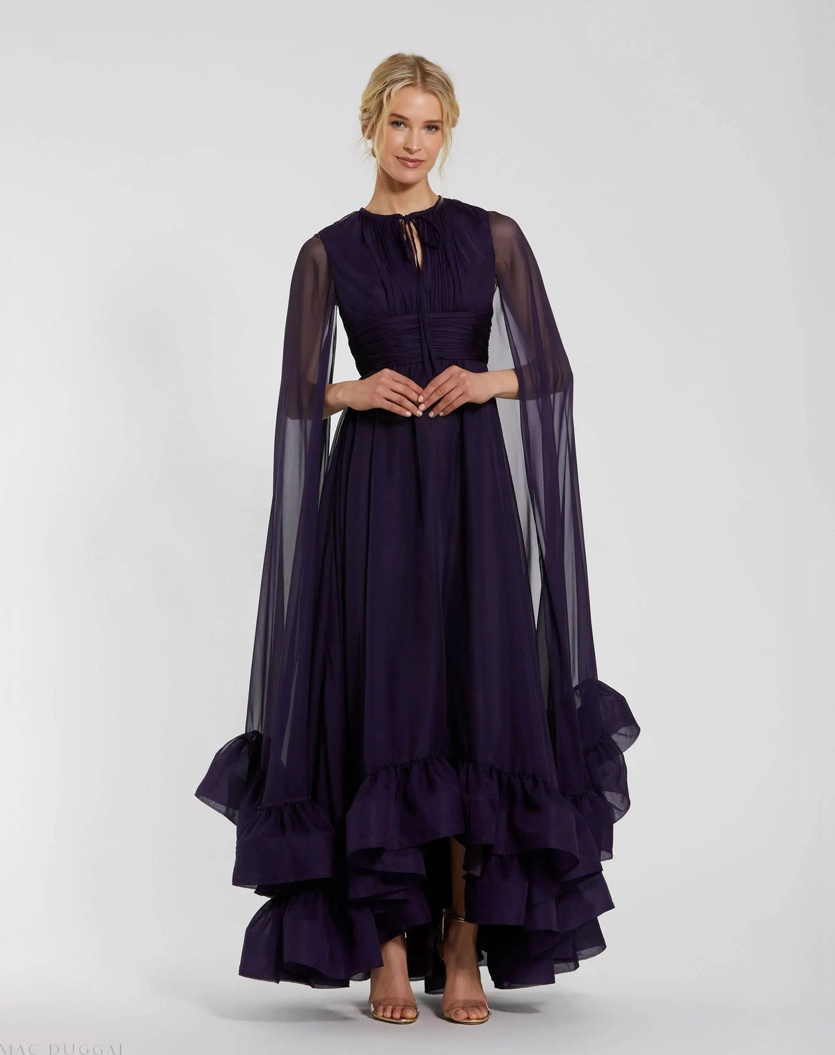 Purple Chiffon Cape Sleeve Ankle-Length Dress With Keyhole