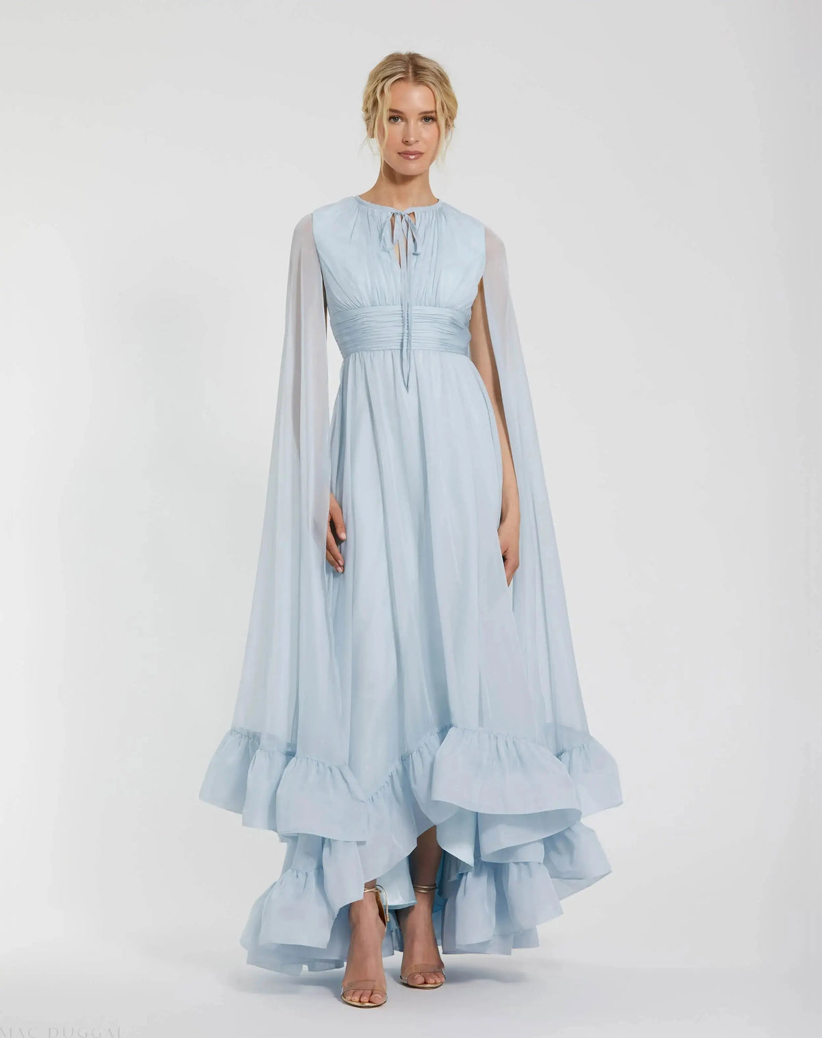 Blue Chiffon Cape Sleeve Ankle-Length Dress With Keyhole