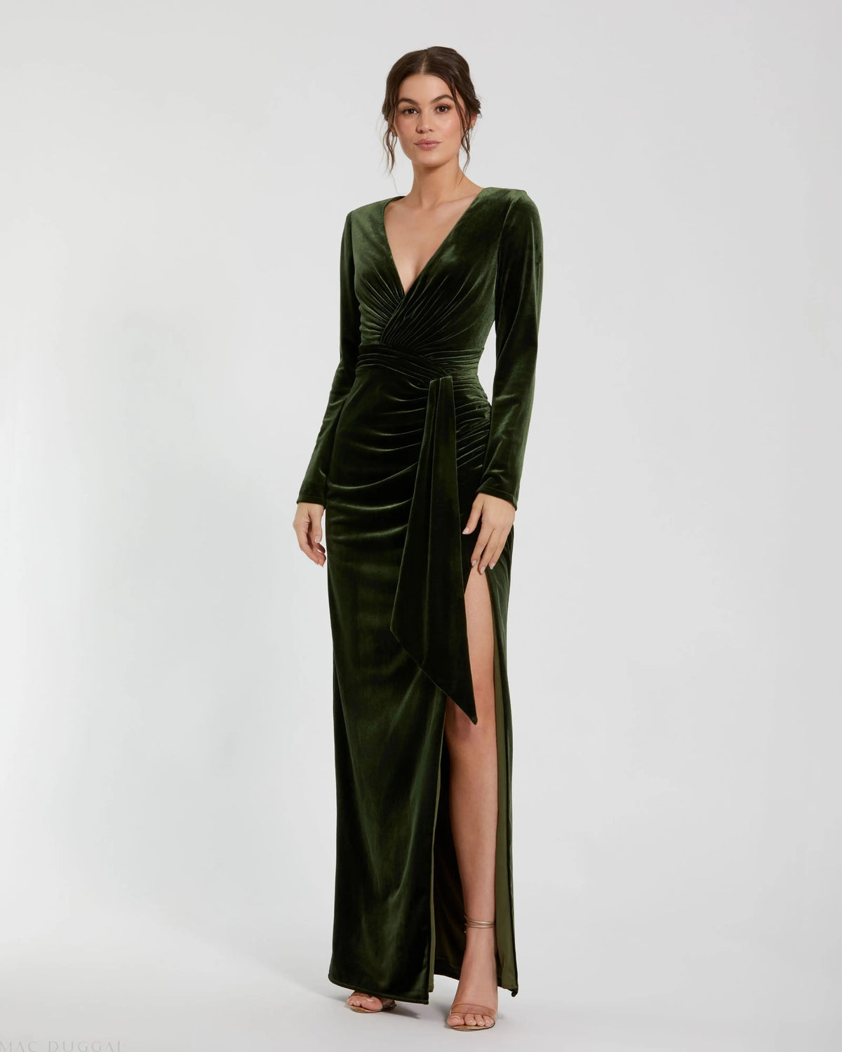 Green Ruched Velvet Column Evening Gown