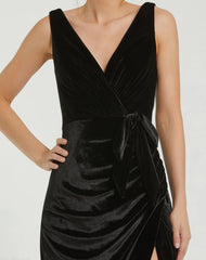 Black Deep V High Slit Draped Velvet Fitted Gown