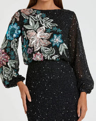 Black High Neck Long Sleeve Sequin Gown