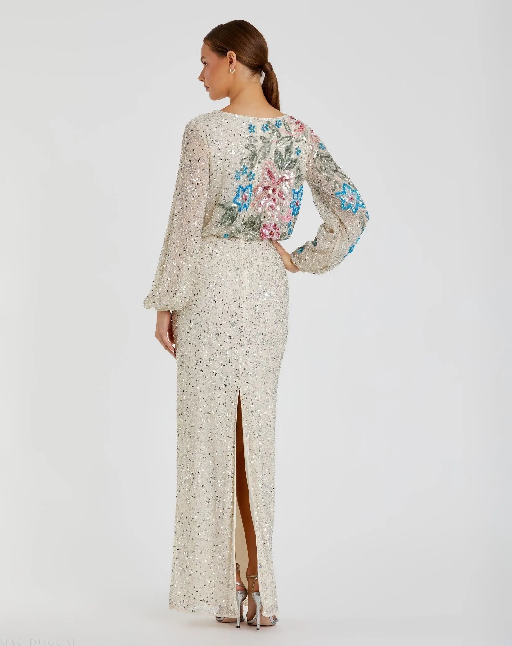 Beige High Neck Long Sleeve Sequin Gown
