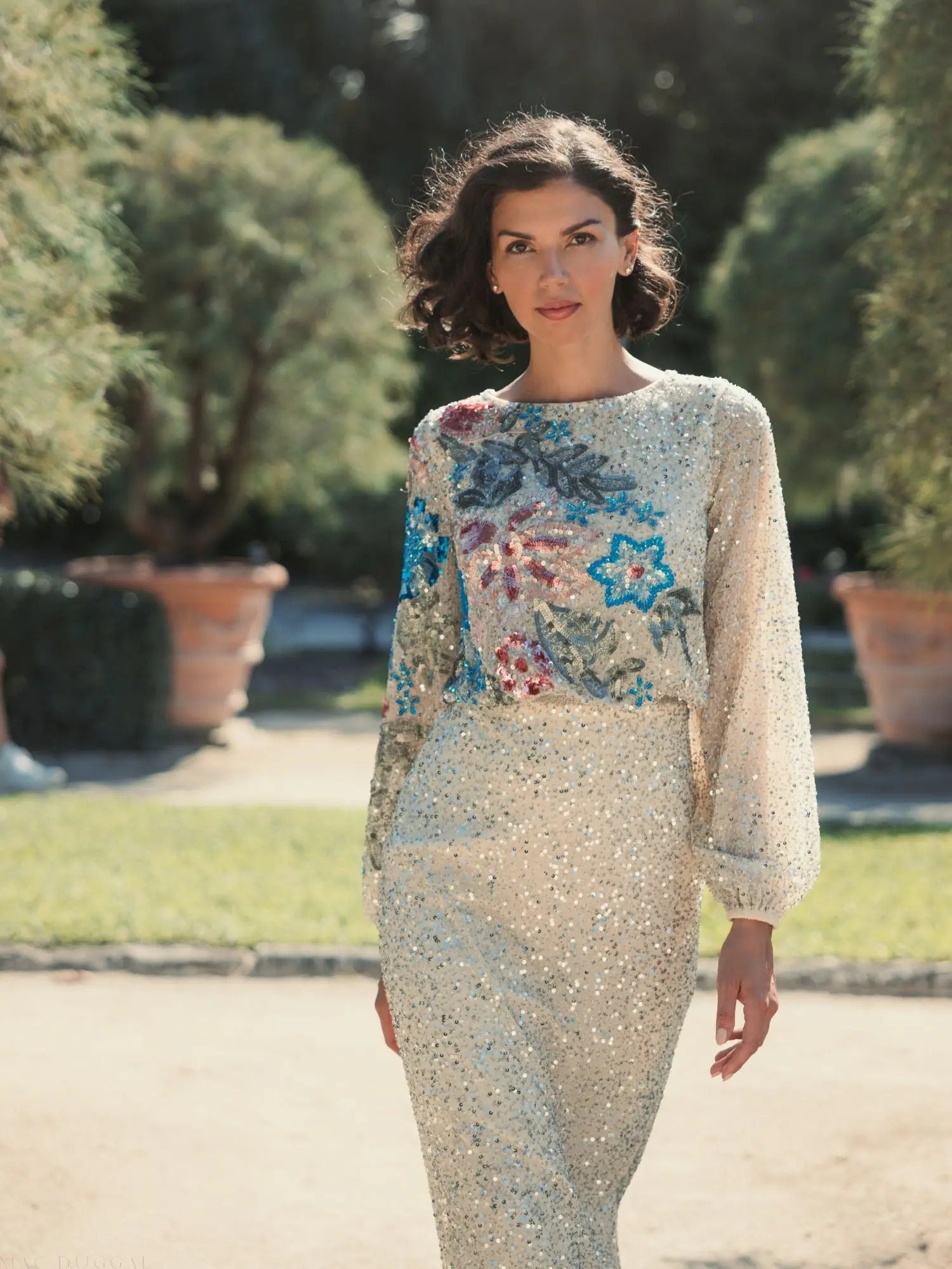 Beige High Neck Long Sleeve Sequin Gown