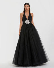 Black Halter Neck Ballgown with Rhinestone Flower
