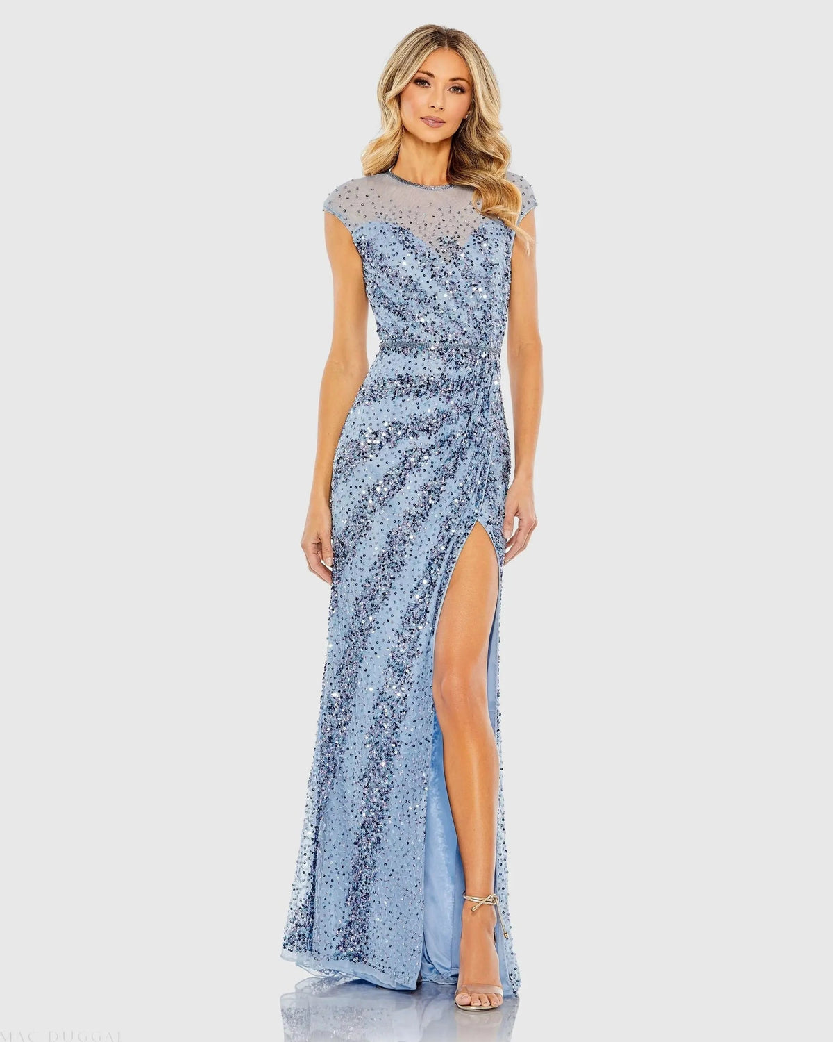 Blue Embellished Illusion High Neck Cap Sleeve Gown