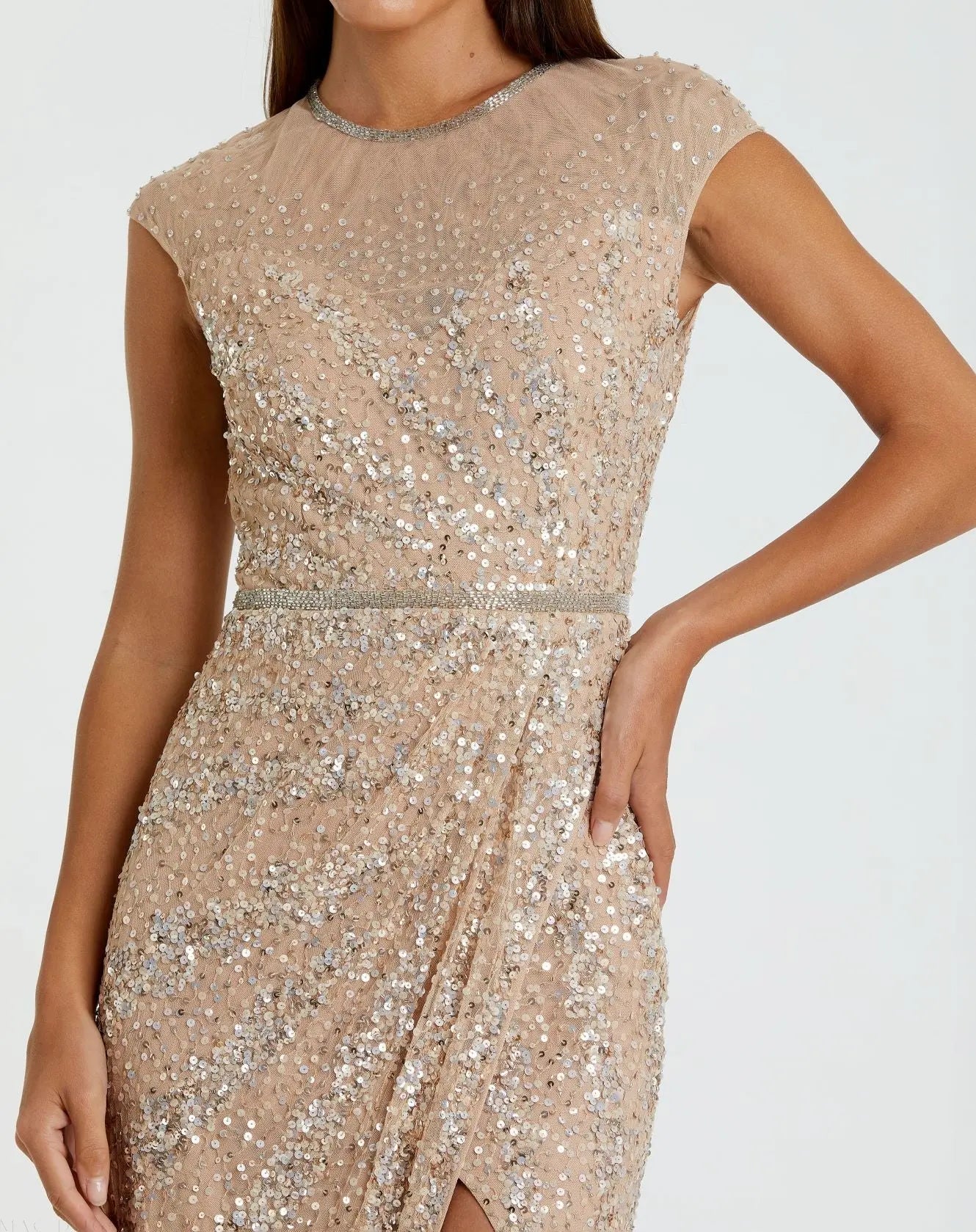 Beige Embellished Illusion High Neck Cap Sleeve Gown
