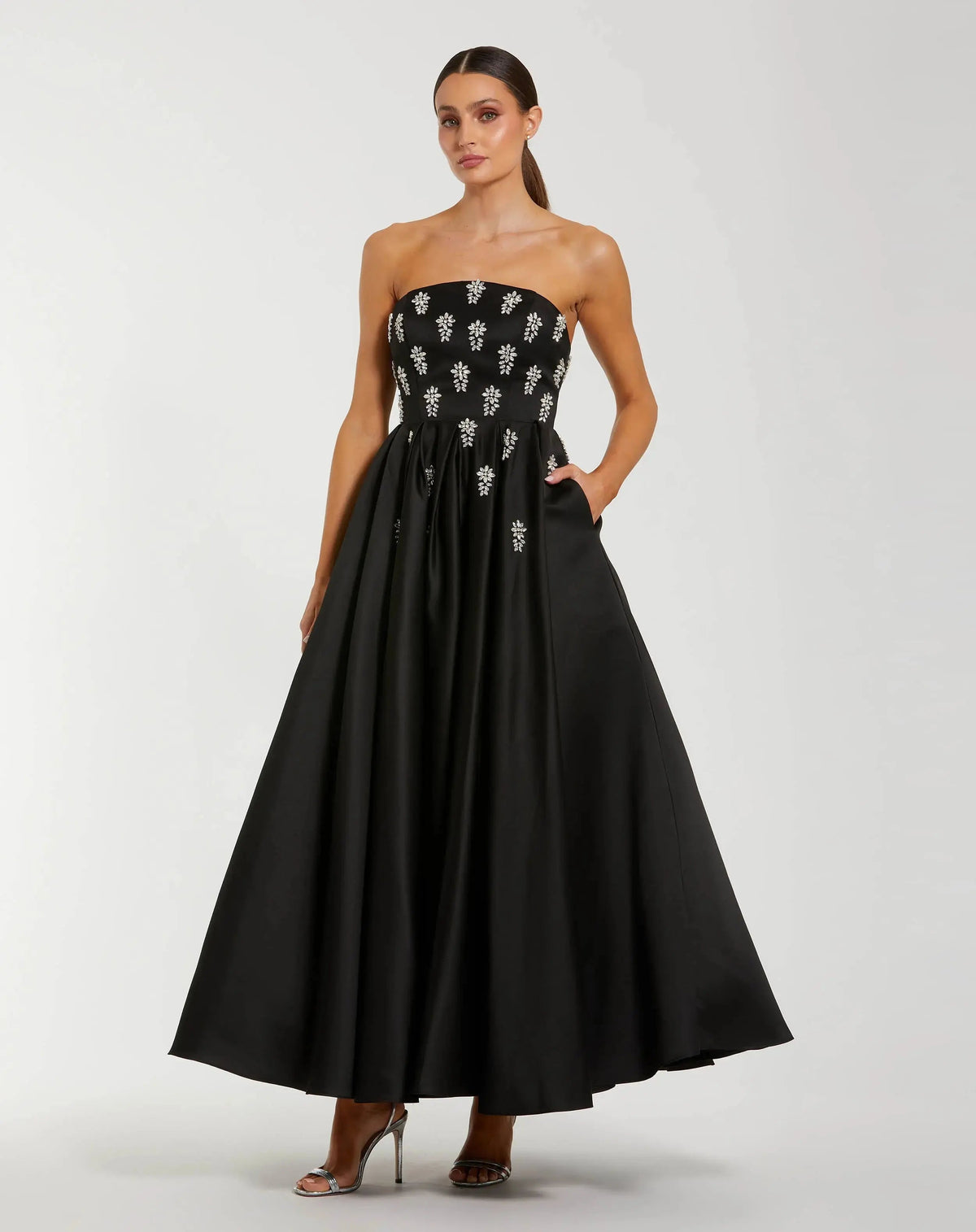 Black Crystal Embellished Strapless Satin A-Line Dress