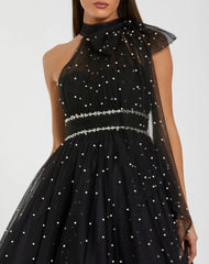 Black Pearl Embellished A Line Mini Dress with Bow