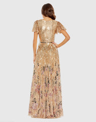 Gold Flounce Sleeve V Neck Gown