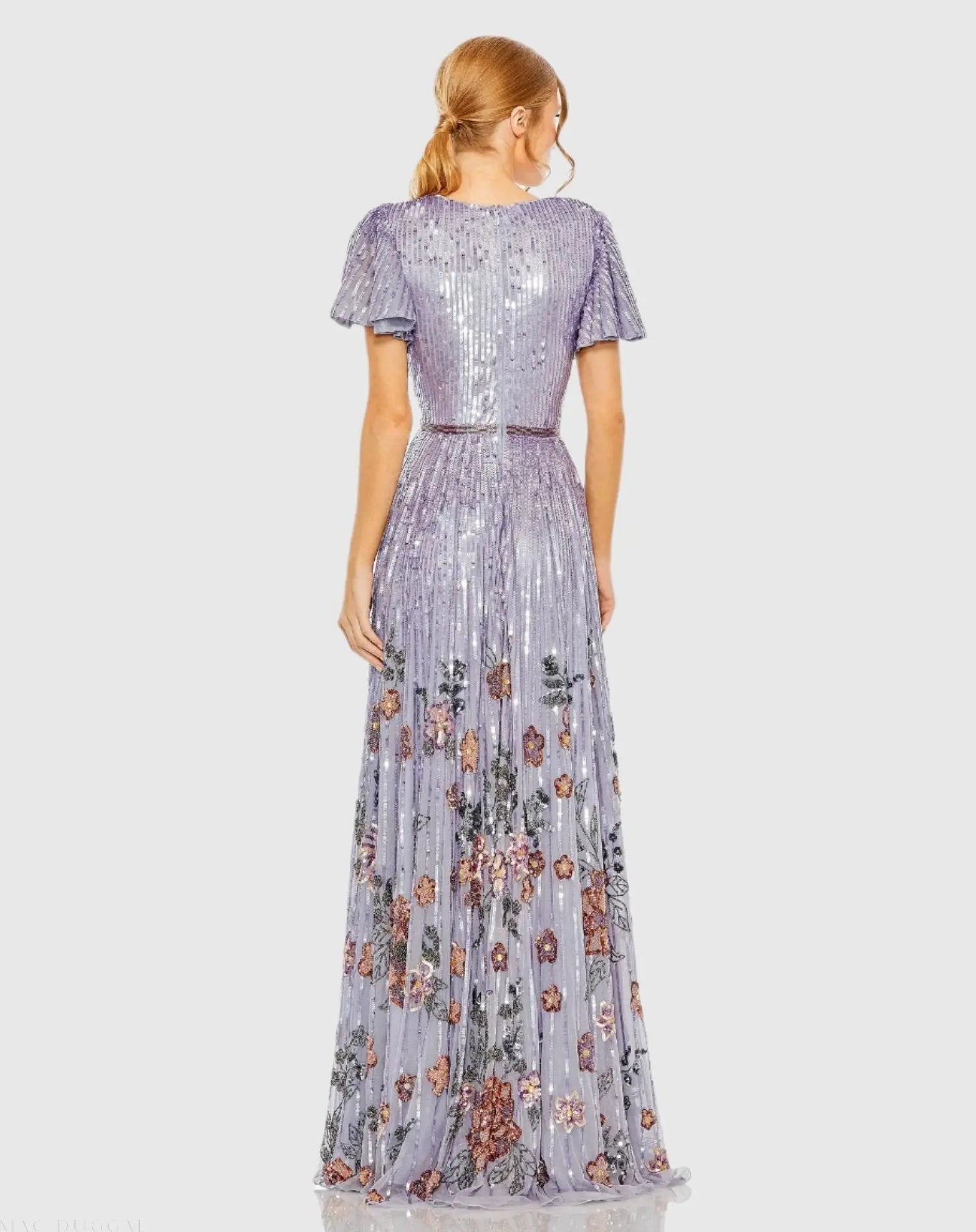 Purple Flounce Sleeve V Neck Gown