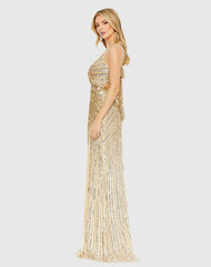 Gold Sequined Faux Wrap Sleeveless Gown