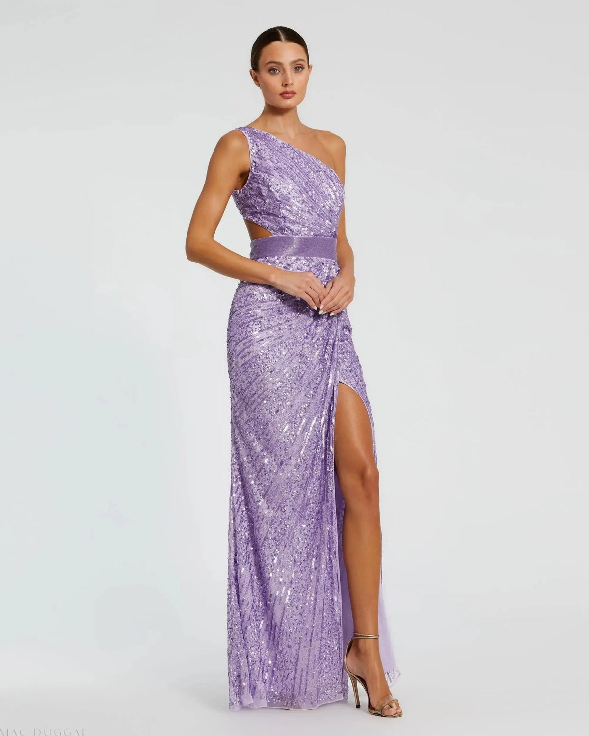 Sequined One Shoulder Draped Lace Up Gown