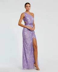 Purple Sequined One Shoulder Draped Lace Up Gown
