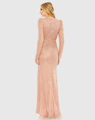 Pink Sequined Wrap Over Long Sleeve Gown