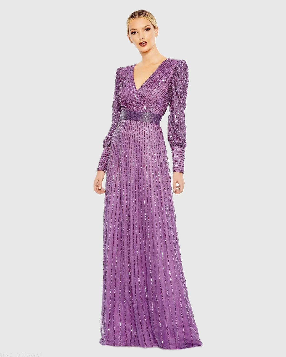 Purple Sequined Wrap Over Bishop Sleeve Gown